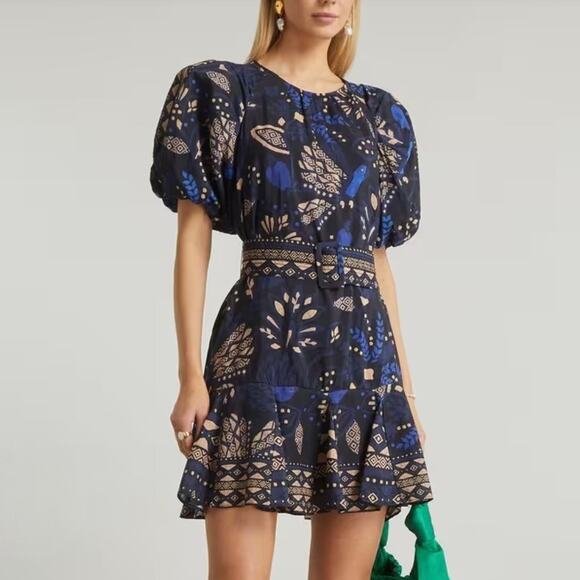 FARM Rio Dresses & Skirts - Farm Rio Macaw Forest Black Mini Dress - Puff Sleeve - Belted - Blue - Size L